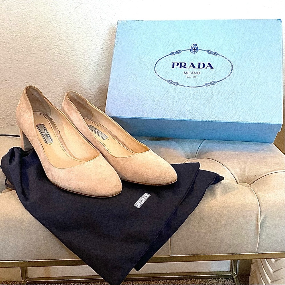 Prada Nude Suede Almond Toe Heel | EU Size 37, Neutral Designer Shoes, Workwear